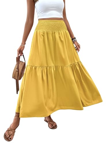 Women's Summer Floral Maxi A-Line Boho Skirt, Summer for Women 2025 Vacation Boho Floral Tiered (10,Yellow)