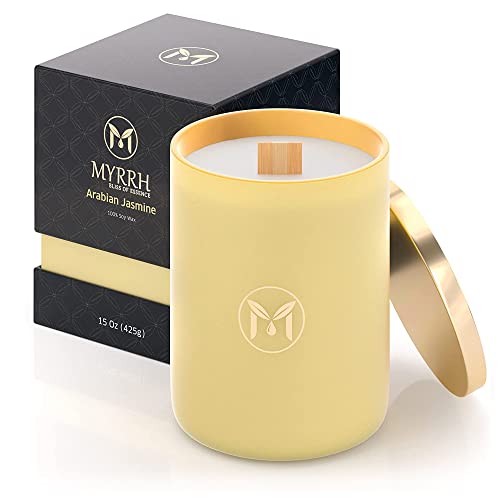 MyrrhUSA Arabian Jasmine Scented Candle – 15oz Natural Soy Wax with Crackling Wooden Wick & Essential Oil | 80 Hour Burn | Luxury Aromatherapy Candle for Relaxation, Home Décor, Living Room & Bathroom