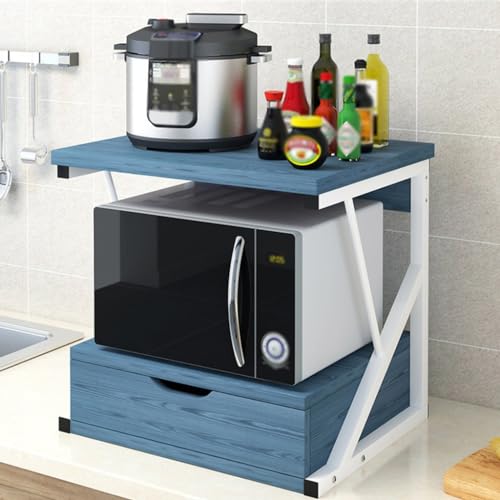 Estante de madera para microondas de 2 niveles con cajón, estante de almacenamiento de cocina para oficina en casa, impresora y microondas, solución para encimera