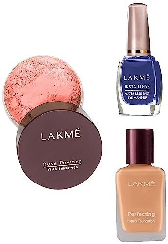Image of LAKME Insta Matte Finish Liquid Eye Liner, Blue, 9ml & Rose Loose Face Powder With Sunscreen, 40g & Perfecting Liquid Foundation, Shell, Waterproof Dewy Finish Glow, 27ml