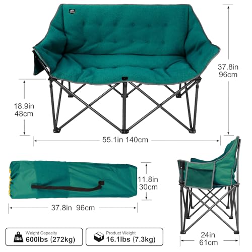 Sillones Dobles Plegables Oversized para Camping LANMOUNTAIN, Soporta 600 lbs, Cómodos para Adultos, Bolsillo de Malla, Forro de Felpa, Verde Oscuro miniatura 3