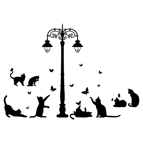 SUPERDANT Black Cat Stickers Silhouette Street Lights Butterfly Wall Decal Decor Art Vinyl Door Wallpaper for Bedroom Living Room Home Kid's Room Decorations Wall Sticker Vinyl Transfer - Image 2