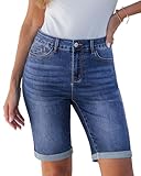 luvamia Bermuda Jean Shorts for Women Knee Length High Waisted Trendy Long Shorts Rolled Up Hem Bermuda Jean Denim Summer Jorts Classic Blue Size Medium US 8 to 10