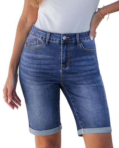 luvamia Bermuda Jean Shorts for Women Knee Length High Waisted Trendy Long Shorts Rolled Up Hem...