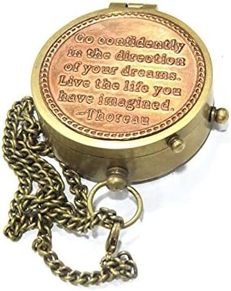 NauticalMart Brass Compass (Thoreau's Go Confidently Quote Engraved Compass with Stamped Leather case)