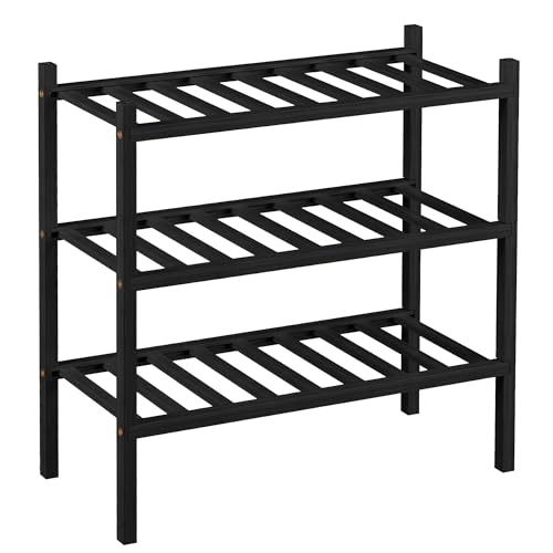 3-Tier Bamboo Small Shoe Rack, Free Standing Wood Shoe Shelf Storage Organizer for Closet Entryway Stackable (Black)