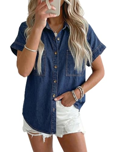 Sidefeel Women's Button Down Denim Shirt Collared Short Sleeve Jean Shirt Blouse with Pockets Bluing Large