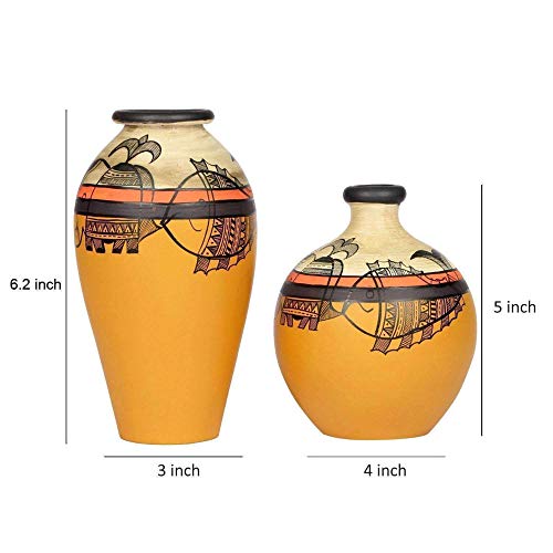 Image of Aakriti Art Creations Yellow Madhubani Terracotta Vase Set of 2 | Handmade Decorative Flower Vases with Folk Art Design | Matte Finish Table Decor for Living Room, Shelf Styling & Housewarming Gifts