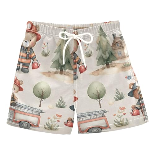 FLildon Cute Fireman Bear Little Boys Swim Trunks with Mesh Lining Quick Dry Beach Board Shorts, 3T