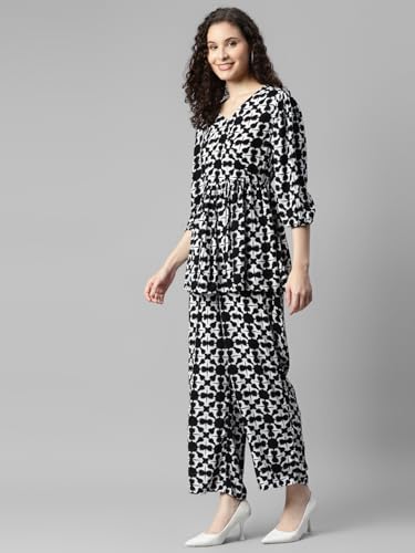 Image of DEEBACO Women's Geometric Print Rayon Top & Pants Co Ord Set for Women V Neck 3 /4 Puff Sleeve Ladies Party Casual Wear Fashionable for Girls Loose Fit Cord Set (DBCOMR00000982 L White)