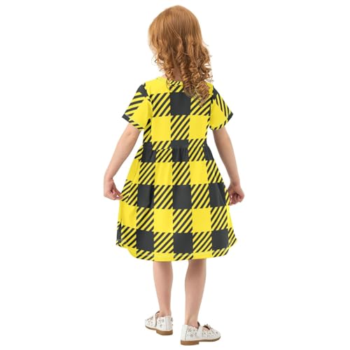 Aflyko Basic Girls' Short Sleeve Dress Black Yellow Classic Plaid Toddler Everyday Dresses3