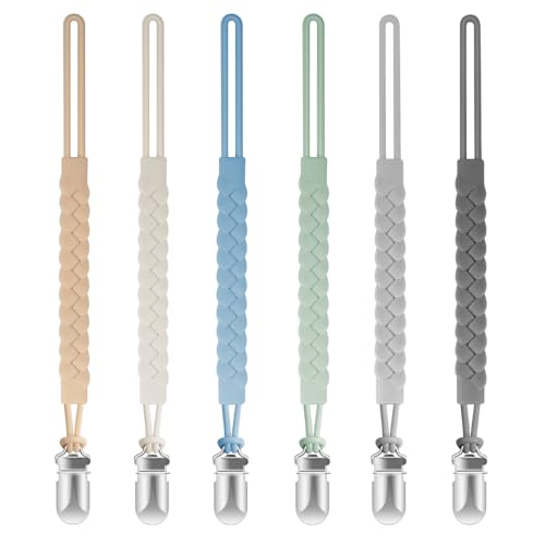 Tender Babe Silicone Pacifier Clips for Baby Boys and Girls, Woven Rope Flexible Design, Pacifier Holders for Teething Relief and Baby Essentials, Safe for Newborns (6 Pack)