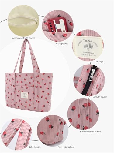 Image of TeeYee Women's Large Corduroy Tote Bag Zippered Shoulder Bag with Pockets | Strawberry Print Bag,Fits 15.6 inch Laptop,Wide Shoulder Straps,Large Capacity,Everyday Tote Bag,Multiple Pockets Design