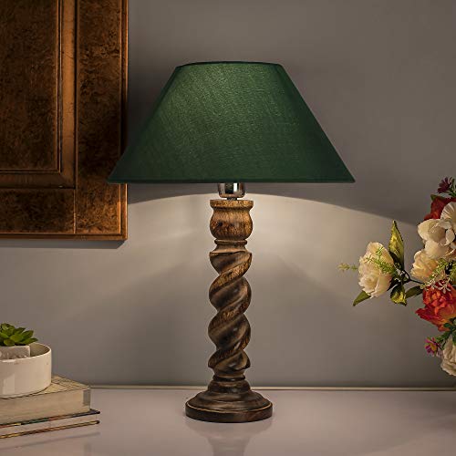 Image of Homesake Classic Twister Wooden Table Lamp with Fabric Shade | Handcrafted Bedside Lamp with E27 Holder| Bulb Included |Warm Light Night Lamp for Bedroom, Living Room, Study & Home Decor, Green