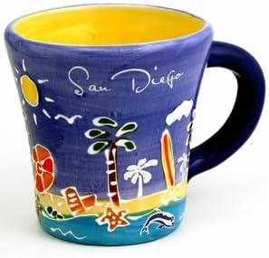 (59 6/18) San Diego Coffee Mug Hand Painted Blue Trumpet Mug With copyrighted CA Bear Magnet