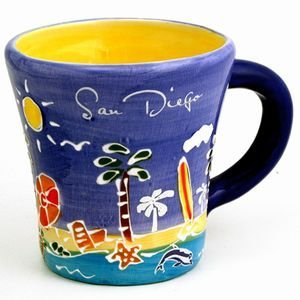 (59 6/18) San Diego Coffee Mug Hand Painted Blue Trumpet Mug With copyrighted CA Bear Magnet