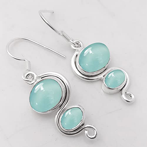 Sterling Silver 925 Drop Dangle Earrings For Women & Girls Genuine Aqua Chalcedony Drop Dangle Earrings Sterling Silver Drop Dangle Earrings Bezel Set Gemstone Dainty Dangle Earrings #TOP2