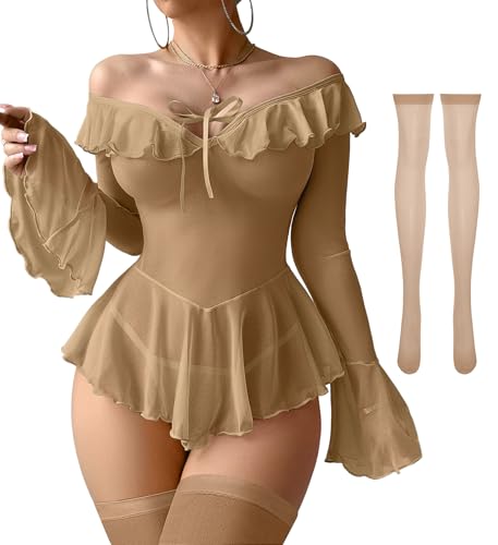 Image of Foxiny Sheer Ruffle Long Sleeve Babydoll Lingerie Dress | Off-shoulder neckline, flared cuffs and a flounce hem add movement; thong and thigh-high stockings complete the 3-piece set