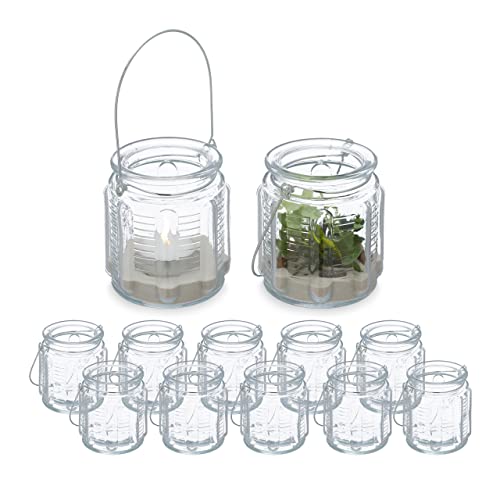 Relaxdays Windlicht, 12er Set, Glas, mit Henkel, innen & außen, Deko Teelichthalter, HxD: 9 x 8,5 cm, transparent/Silber