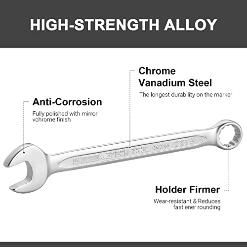 Image of Jetech 15mm Combination Wrench, Metric 12-Point Chrome Vanadium Steel Spanner, Industrial Grade with 15-Degree Offset, Sand Blasted Finish, Heat-Treated Forged Tool