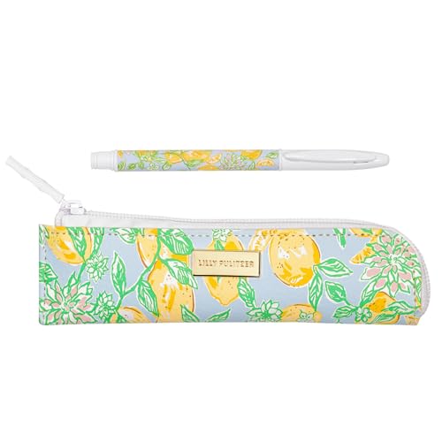 Image of Lilly Pulitzer Metal Pen and Zipper Pouch Set, Black Ink Pen with Vegan Leather Pen Case (Make Lemonade)