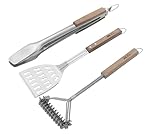 Bull Outdoor Products 3-Piece Wooden Handle BBQ Tool Set – Bristle-Free Grill Brush, Stainless Steel Spatula & Tongs – Durable & Safe for Outdoor Grilling
