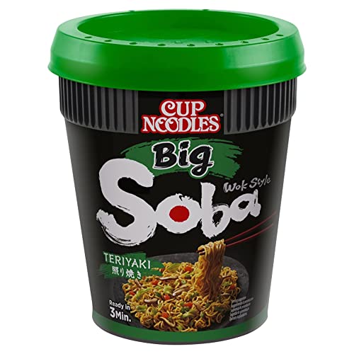 Nissin Cup Noodles Soba BIG - Teriyaki - Juego de 1 set de fideos instantáneos estilo japonés con salsa teriyaki y verduras, preparados rápidamente en una taza, comida asiática, gran porción (113 g)