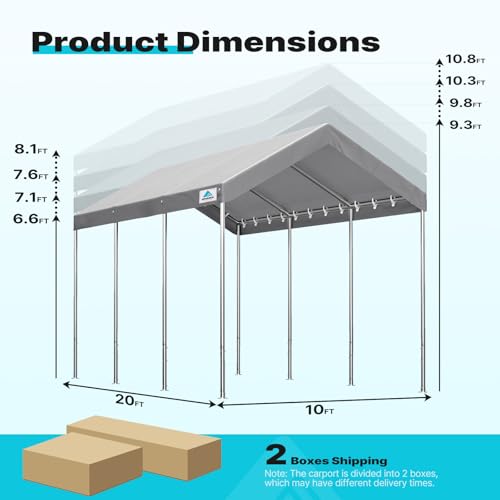 Image of ADVANCE OUTDOOR 10x20 ft Heavy Duty Carport Potable Car Canopy Garage Party Tent Boat Shelter, Adjustable Height from 9.5 ft to 11 ft - Gray