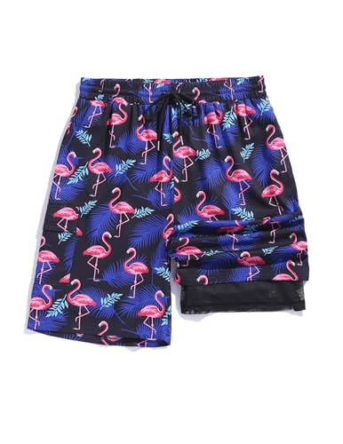 ZAFUL Mens Swim Trunks with Compression Liner Stretch Beach Shorts Quick Dry with Pockets Board Shorts Blue-Pink Flamingo M2