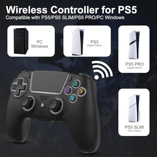 Image of ADHJIE Compatible with PS5 Controller, RGB LED Wireless Controller for PS5 | PS5 Slim /PS5 Pro /PC with 3.5mm Audio Headset Jack&1000mAh Built-in Battery, Turbo&Dual Vibration, Black