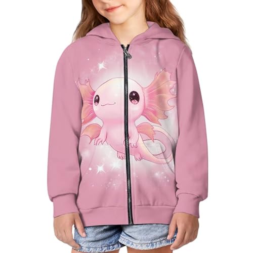 Suobstales Axolotl Star Print Sweatshirt for Girls Teens Zip Up Hoodies Long Sleeve Sports Jacket with Pocket Kids Athletic Hoodie Trendy Clothe Fall Outerwear Top, Size 14-16 Years