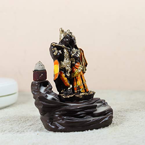 Image of CRAFTAM Polyresin Smoke Backflow Fountain Like Waterfall Radha Krishna Incense Holder Decorative Showpiece Gift with Free 10 Scented Cone Incenses (Orange)