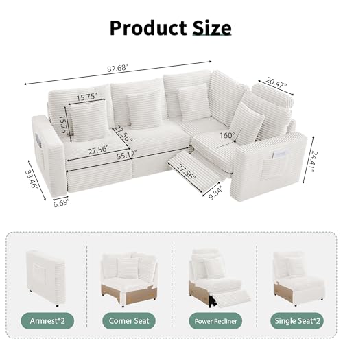 Image of RARZOE Modular Sectional Sofa with Power Recliner, 4-Seater L-Shaped Corduroy Reclining Couch Sectional with Headrest, Flexible Combination Fluffy Comfy Cloud Comfy Couches for Living Room,White
