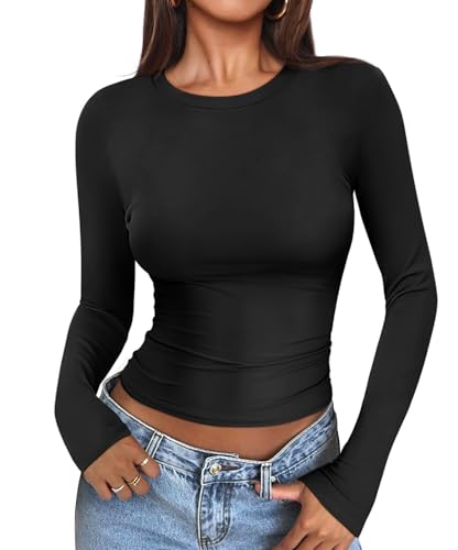 ATHMILE Womens Basic T-Shirts Going Out Crop Tops Tight Slim Fit Cute Teen Girls Short Sleeve/Long Sleeve Y2k Clothes