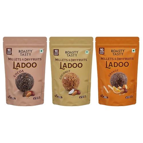 Image of Roasty Tasty Assorted-Millets & Dryfruits Ladoo Combo | 3 Flavours Cocoa Orange & Coconut | Energy Bar Replacement | No Added Sugar | Healthy Snacks | Rich in Proteins | Nuts Mithai | 360g(Pack of 120g each)