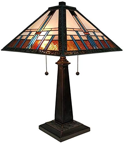 Tiffany Style Table Lamp Banker Mission 21" Tall Stained Glass Blue White Brown Vintage Antique Light Décor Living Room Bedroom Office Handmade Gift AM239TL14B Amora Lighting