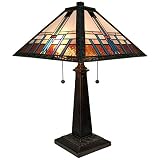 Tiffany Style Table Lamp Banker Mission 21" Tall Stained Glass Blue White Brown Vintage Antique Ligh