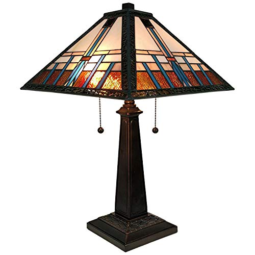 Tiffany Style Table Lamp Banker Mission 21" Tall Stained Glass Blue White Brown Vintage Antique Light Décor Living Room Bedroom Office Handmade Gift Am239Tl14B Amora Lighting #TOP16