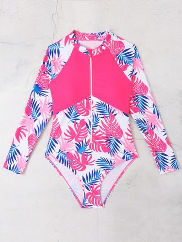 Image of WDIRARA Girl's Tropical Print Zipper Front One Piece Swimsuit High Neck Long Sleeve Swimwear