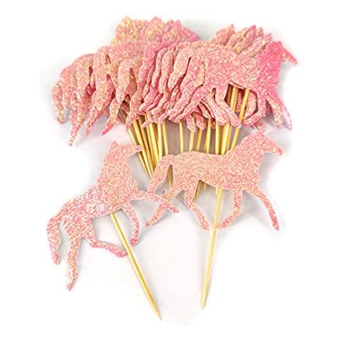Mybbshower Pink Glitter Horse Cupcake Topper - Girls Baby Shower Horse Birthday Party Decorations Pack of 24 Cover
