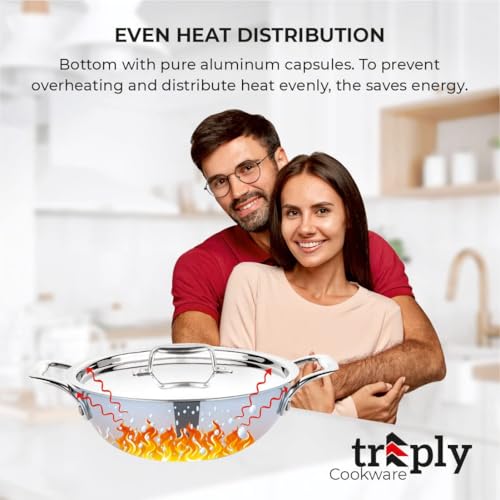 Image of BALTRA Triply Stainless Steel Kadhai with Lid | Perfect Kadhai for Curry /Stir-Fry /Deep-Fry /DryVeg /Saute Induction Friendly Naturally Non-Stick | 5 Years Warranty, 30cm, 5.4 litres Kadai for Cooking