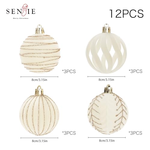 Image of 3.15INCH Beige Velvet Ornaments for Christmas Tree, 12PCS Glitter Flocked Christmas Ornaments Decorations Balls Set Decor