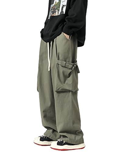 PRIJOUHE Men's Baggy Cargo Pants Casual Loose Fit Wide Leg Pants with Elastic Drawstring Waist