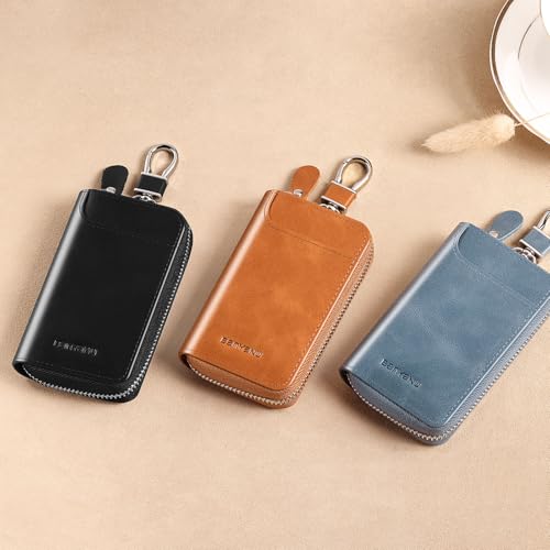 Car Key Case for Men and Women, Black Genuine Leather Card Holder Wallet Keys Pouch Organizer Bag with 6 Keychain Hooks, 3 Cards Slot (Black w/keychain)4