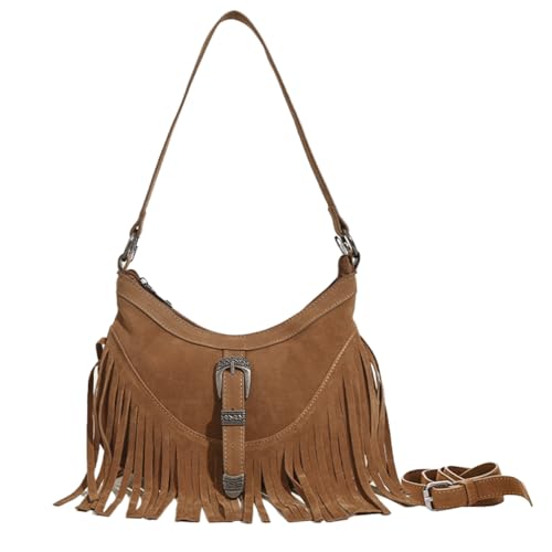 Sunwel Fashion Bolsa feminina ocidental pequena com franjas nas axilas, bolsa tiracolo hippie de camurça vegana com borla, Marrom