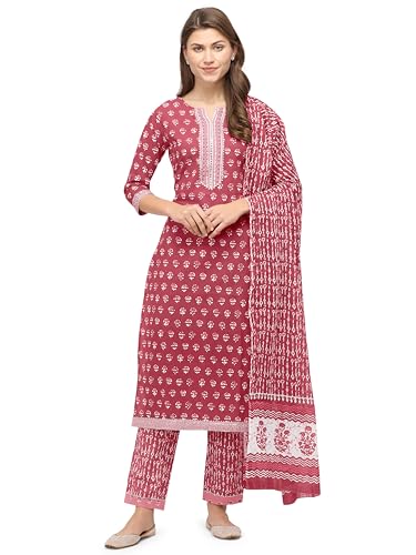 Image of MIRCHI FASHION Pure Cotton Straight Kurta Set with Dupatta | 3 Piece Ethnic Kurta Pant Set Office Wear Salwar Kurta Set for Women