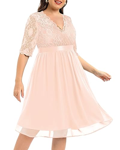 Image of Pinup Fashion Plus Size Lace Chiffon Wrap V Neck Dresses Women Cocktail Wedding Guest Midi Dress