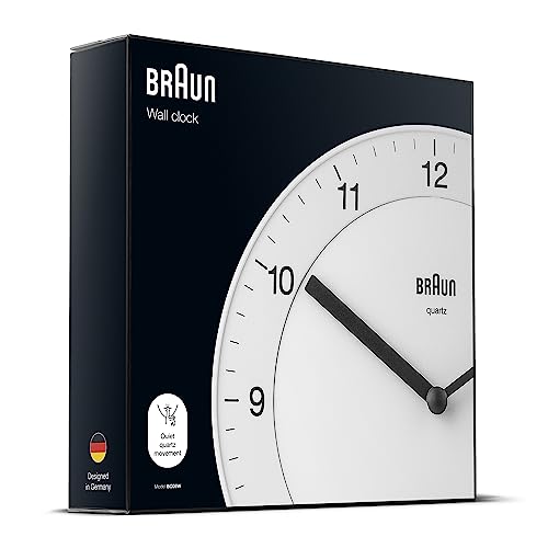Braun Klassische analoge Wanduhr ruhigem Quarzuhrwerk, leicht lesbarem Zifferblatt mit 20 cm Durchmesser in Weiß, Modell BC06W.