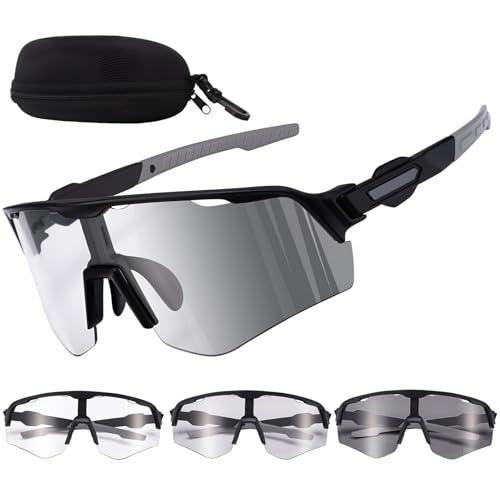 Utensilsto Fahrradbrille Herren Selbsttönend Brille Sonnenbrille für Herren Damen UV 400 mit Kopfband Fahrrad Sport Schnelle Brille für Rennrad Brillenträger Fahren Laufen MTB Wandern Angeln- Schwarz
