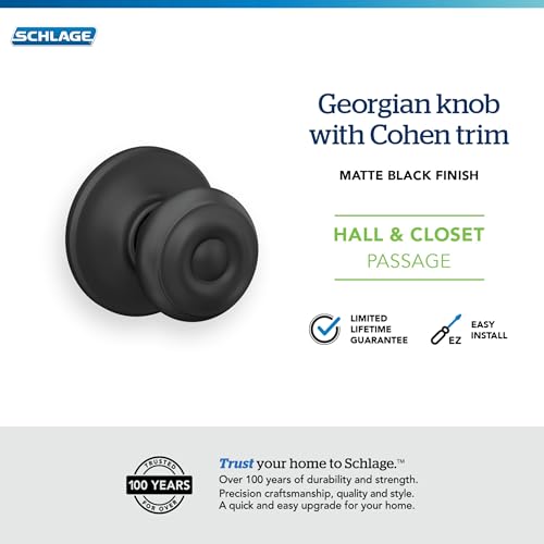 Image of Schlage F10 GEO 622 COH Georgian Door Knob with Cohen Trim, Hall & Closet Passage Lock, Matte Black